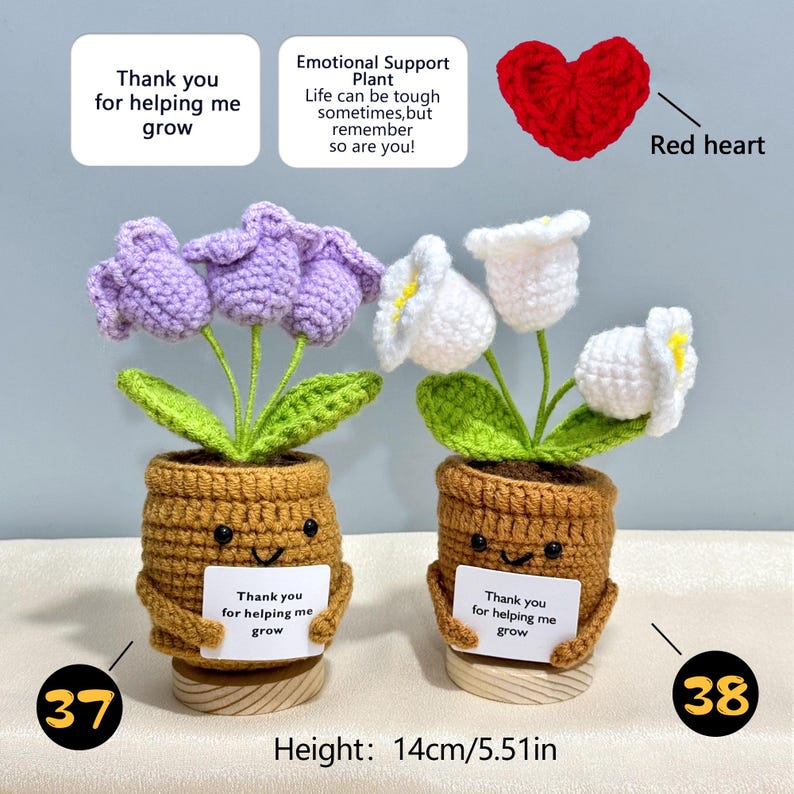 Pu&ograve; includere: Vasi di fiori all'uncinetto con fiori viola e bianchi, foglie verdi e facce sorridenti. Ogni vaso porta un cartello con la scritta "Thank you for helping me grow". Altezza: 14 cm.
