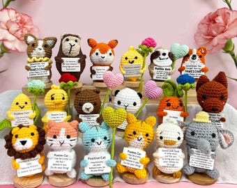 Handmade Crochet Emotional Support Animal Plushies with flowers,Crochet sheep/bear/fox,Knitted desk plush decor,Mother's Day gift