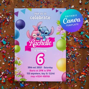 Stitch Birthday Invitation: Customizable Kids Party, Lilo & Stitch Theme (Printable Canva Template, 5x7 inches)