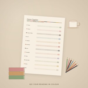 Könnte beinhalten: Ein Genre-Tracker-Leseprotokoll mit einer Liste von Buchkategorien, die jeweils mit einer Reihe leerer Kästchen zum Ausmalen versehen sind. Die Seite enthält den Text "Genre Tracker" und "SEE YOUR READING IN COLOUR" sowie eine Tasse und Buntstifte.