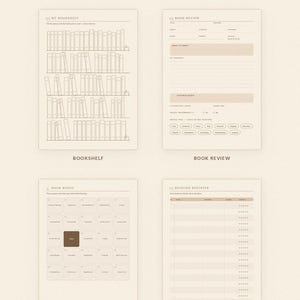 Könnte beinhalten: Ein Set aus vier druckbaren Lesetagebuch-Seiten auf cremefarbenem Hintergrund. Die Seiten enthalten einen Bücherregal-Tracker, ein Buchrezensionsformular, ein Buch-Bingo-Gitter und ein Leseregister. Der Text umfasst "Inside the reading journal", "11 cosy pages", "My bookshelf", "Book review", "Book bingo", "Reading register", "Printable", "A4 + US letter" und "Instant download".