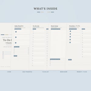 Könnte beinhalten: Ein digitales Planer-Layout mit fünf verschiedenen Abschnitten unter der Überschrift WHAT'S INSIDE, darunter eine Deckblattseite, Daily Priorities, To-Do List, Brain Dump und Priorities + To-Do. Jede Seite enthält organisierte Checklisten, nummerierte Prioritätsfelder und Notizbereiche in einer hellen, klaren Ästhetik.