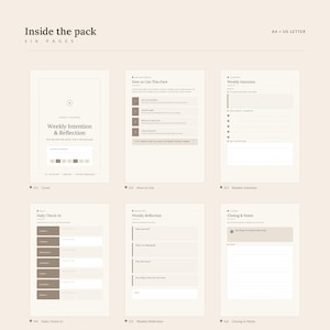 Könnte beinhalten: Ein sechseitiges digitales Planer-Paket in den Formaten A4 und US Letter. Die Seiten umfassen ein Deckblatt mit dem Titel Weekly Intention & Reflection, eine Anleitung How to Use This Pack, eine Weekly Intention-Seite, einen Daily Check-In, eine Weekly Reflection sowie Closing & Notes.