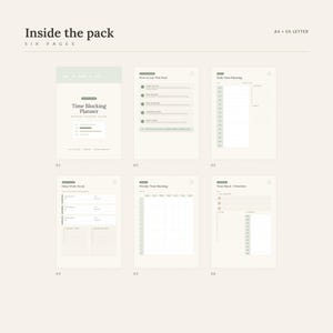 Könnte beinhalten: Ein digitales Planer-Paket mit sechs Seiten in den Formaten A4 und US Letter. Die Seiten umfassen ein Time Blocking Planner-Deckblatt, How to Use This Pack, Daily Time Blocking, Deep Work Focus, Weekly Time Blocking und Time Block + Priorities.