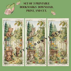 Può includere: Set di 3 segnalibri stampabili con illustrazioni ad acquerello di animali della foresta. I segnalibri raffigurano orsi, lupi e tartarughe in un ambiente boschivo, con il testo "SET OF 3 PRINTABLE BOOKMARKS DOWNLOAD, PRINT, AND CUT."