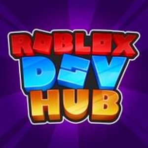 Può includere: Il logo Roblox Dev Hub presenta il testo "ROBLOX DEV HUB" in un design audace e colorato. La parola "ROBLOX" è in rosso, "DEV" è in blu e "HUB" è in arancione. Il logo ha un contorno bianco su uno sfondo viola scuro.