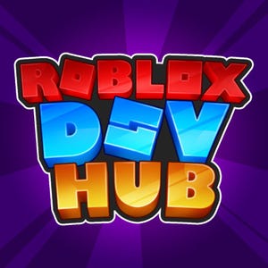 May include: The Roblox Dev Hub logo features the text "ROBLOX DEV HUB" in a 3D style. The word "ROBLOX" is in red, "DEV" is in blue, and "HUB" is in orange, all with white outlines against a purple background.