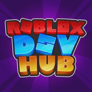 Puede incluir: Un logotipo gráfico que presenta el texto ROBLOX DEV HUB en una fuente de bloque tridimensional en negrita. La palabra ROBLOX es roja, DEV es azul y HUB es naranja, todo sobre un fondo morado oscuro con sutiles líneas de luz radiantes.