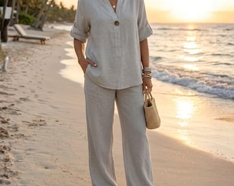 Women's Linen Two-Piece Set | Casual Summer Outfit with Wide-Leg Trousers & Short Sleeve Tunic Top | Breathable Vacation Wear