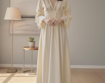Ivory Cotton Linen Lace Nightgown – Vintage Square Neck Long Sleeve Sleep Dress