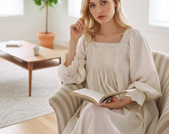 Vintage Lace Cotton Nightgown: Romantic Victorian Long Sleeve Sleep Dress