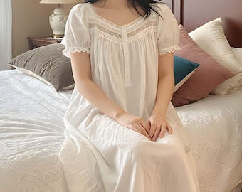 Camisón de algodón estilo cottagecore con encaje victoriano, ropa de dormir inspirada en princesas, camisón de manga corta para mujer