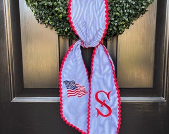 Patriotic Seersucker Wreath Sash | Monogram Door Hanger | 4th of July Front Door Decor | Custom Embroidered Wreath Bow | Americana Porch Dec