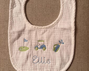 Personalized Baby Bib – Golf Embroidered Muslin Bib – Custom Name Bib – Baby Boy Gift – Golf Baby Shower Gift – Southern Baby Style