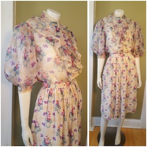 Oscar de la Renta Miss O Silk Blouse & Skirt Set Vintage 80s Floral Print Lace Trim Ruffle Neck Puff Sleeves Lillie Rubin XS image 1