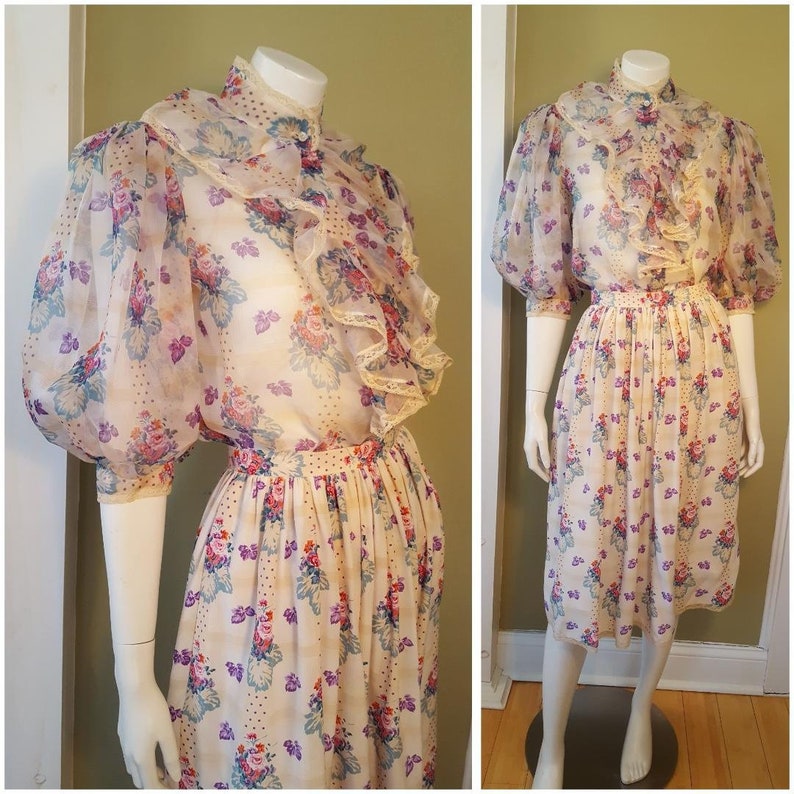 Oscar de la Renta Miss O Silk Blouse & Skirt Set Vintage 80s Floral Print Lace Trim Ruffle Neck Puff Sleeves Lillie Rubin XS image 1