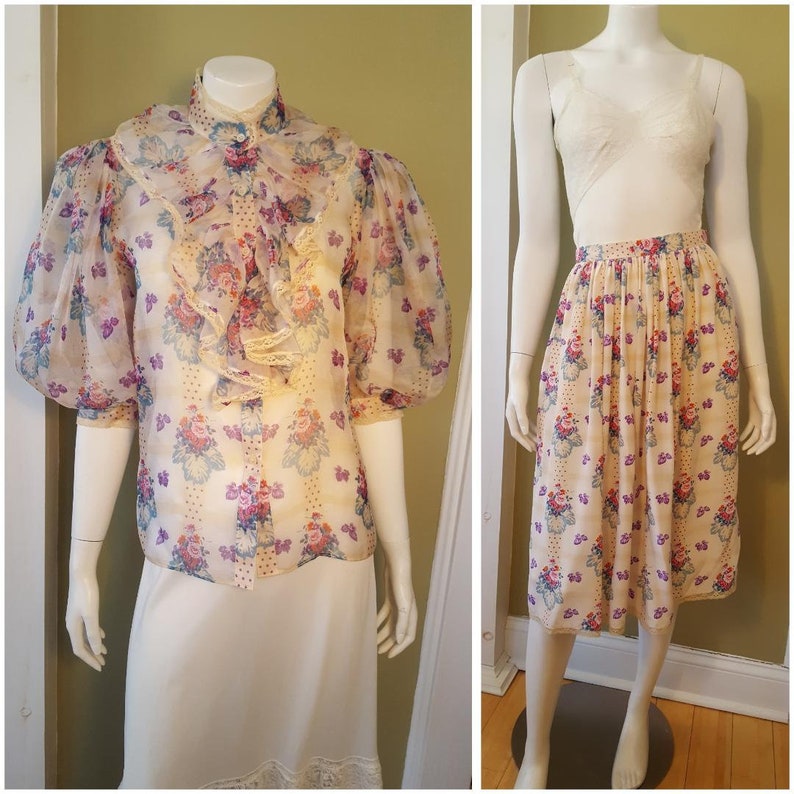 Oscar de la Renta Miss O Silk Blouse & Skirt Set Vintage 80s Floral Print Lace Trim Ruffle Neck Puff Sleeves Lillie Rubin XS image 3