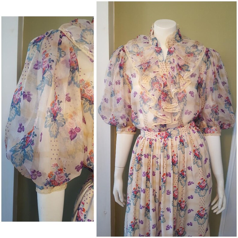 Oscar de la Renta Miss O Silk Blouse & Skirt Set Vintage 80s Floral Print Lace Trim Ruffle Neck Puff Sleeves Lillie Rubin XS image 6