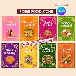 Desi Food Station Schild | Indische Hochzeitsdekoration zum Ausdrucken | Mehndi, Haldi, Sangeet Essensschild | Chat, Chai, Panipuri, Dessert, Getränke und Paan
