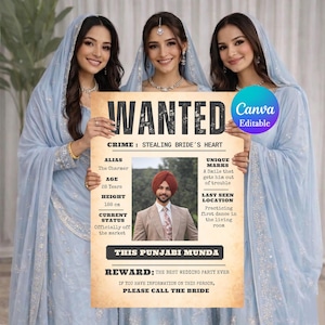 Puede incluir: Tres mujeres vestidas de azul claro sostienen un cartel de "SE BUSCA" con la foto de un hombre con turbante. El cartel dice "CRIME: ROBAR EL CORAZÓN DE LA NOVIA", con detalles como edad, altura (188 cm) y "THIS PUNJABI MUNDA."