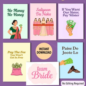 May include: A collection of digital art prints for a Ribbon Ceremony or Team Bride Doli event. The prints feature illustrations with text like "No Money No Honey" and "Pay The Fee You Won't Get In Free."