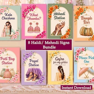 Könnte beinhalten: Ein Set aus acht rechteckigen Schildern für Haldi- und Mehndi-Veranstaltungen mit Blumenrändern und Illustrationen traditioneller indischer Accessoires, Schmuck und mit Henna verzierten Händen sowie Texten wie Kala Chashma und Bangle Bar.