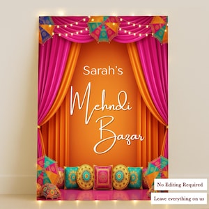 May include: A colourful poster advertising "Sarah's Mehndi Bazar". It features pink and orange curtains, decorative pillows, and patterned umbrellas. The design is topped with string lights, creating a festive atmosphere. The text is in a flowing script.