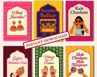Mehndi Bazaar Signs, Sangeet Favour, What Jhumka , Bole Chudiyan,Gajra Station, Dholki Haldi Desi Wedding Printable