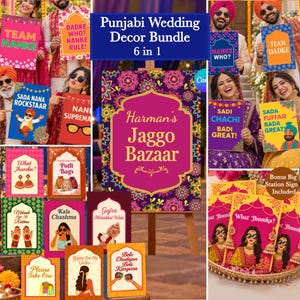 Peut inclure: Un ensemble de décoration de mariage punjabi comprenant six panneaux colorés avec diverses illustrations et textes, notamment Harman's Jaggo Bazaar, Team Nanke, Team Dadke, Sada Nana Rockstar, Nani Supremacy, Sadi Chachi Badi Great et Sadi Fuffar Bada Great.