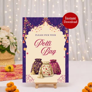 Könnte beinhalten: Ein Schild mit dem Text "Please Pick Your Potli Bag" und drei abgebildeten Taschen. Das Schild steht auf einer kleinen Holzstaffelei. Ein roter Kreis mit "Instant Download" befindet sich oben rechts.