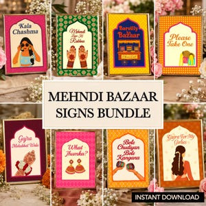 Op de afbeelding: Een verzameling van acht rechthoekige borden in gouden lijsten, elk met een decoratief boogontwerp met unieke illustraties en tekst, waaronder Kala Chashma, Mehendi Laga Ke Rakhna, Bareilly ka Bazaar, Please Take One, Gajra Mohabbat Wala, What Jhumka?, Bole Chudiyan Bole Kangana en Gajra For My Girlies.