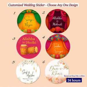 May include: A collection of six round wedding stickers with various designs. Each sticker features a unique color scheme and text, including names and event titles like "Saniya's Mayun" and "Alishba Ki Mehndi." The stickers are designed for wedding celebrations.