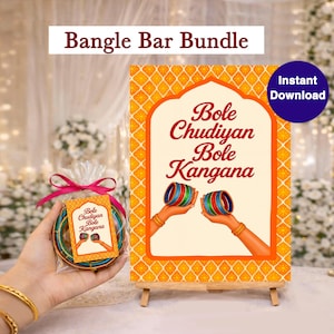May include: A Bangle Bar Bundle sign with the text "Bole Chudiyan Bole Kangana" in red script, featuring illustrations of bangles and hands. A bundle of colorful bangles is held in a hand, and the sign is on a wooden easel.