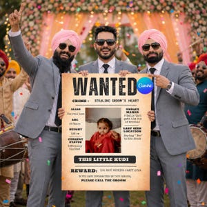 Wanted Bride Poster | Punjabi Wedding Sign, Team Groom Sign Poster , Indian Wedding Printable Funny Baraat Sign ( Canva Editable)