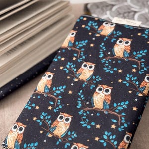 handmade • BOOK COVER • size S with owls + elastic band (height 21,5 cm) • book sleeve • book case • paperback