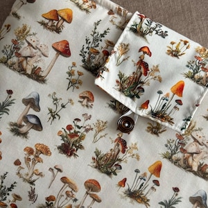 handmade • BOOK SLEEVE • horizontal size L with with mushrooms + button (25,5 x 22,5 cm) • book cover • book case