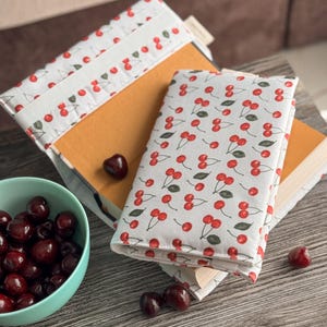 handmade • BOOK COVER • size S with cherry + elastic band (height 21,5 cm) • book sleeve • book case • paperback