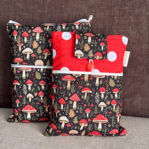 handmade • BOOK SLEEVE • size L with mushrooms + pocket + button (25,5 x 22,5 cm) • book cover • book case