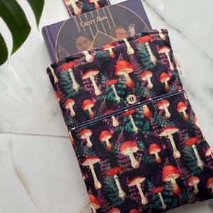 handmade • BOOK SLEEVE • size L with mushrooms + pocket + button (25,5 x 22,5 cm) • book cover • book case
