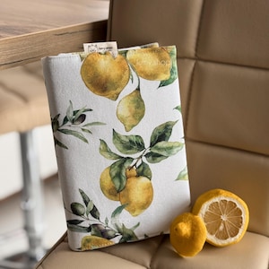 handmade • BOOK COVER • size M with lemons + additional rubber band (height 23 cm) • book sleeve • book case • handmade • paperback