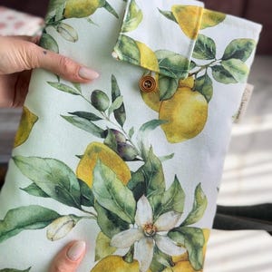 handmade • BOOK SLEEVE • size M with with lemons + button (23 x 18 cm) • book cover • book case
