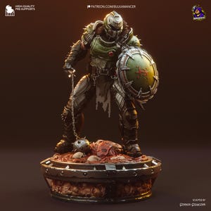 May include: A detailed figurine of a warrior in green and silver armour, holding a shield and a spiked flail. The figure stands on a detailed base with a dark background. The text "HIGH-QUALITY PRE-SUPPORTS" is visible.