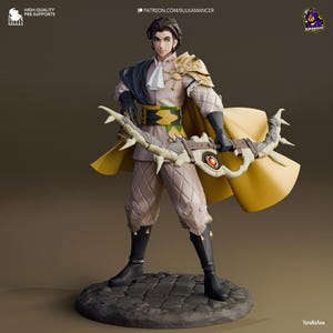 May include: A detailed figurine of a character in a cream-colored outfit with a yellow cape and a bow. The figure has black boots and gloves. The bow has a red gem in the center. Text on the image reads "HIGH-QUALITY PRE-SUPPORTS" and "PATREON.COM/BULKAMANCER".