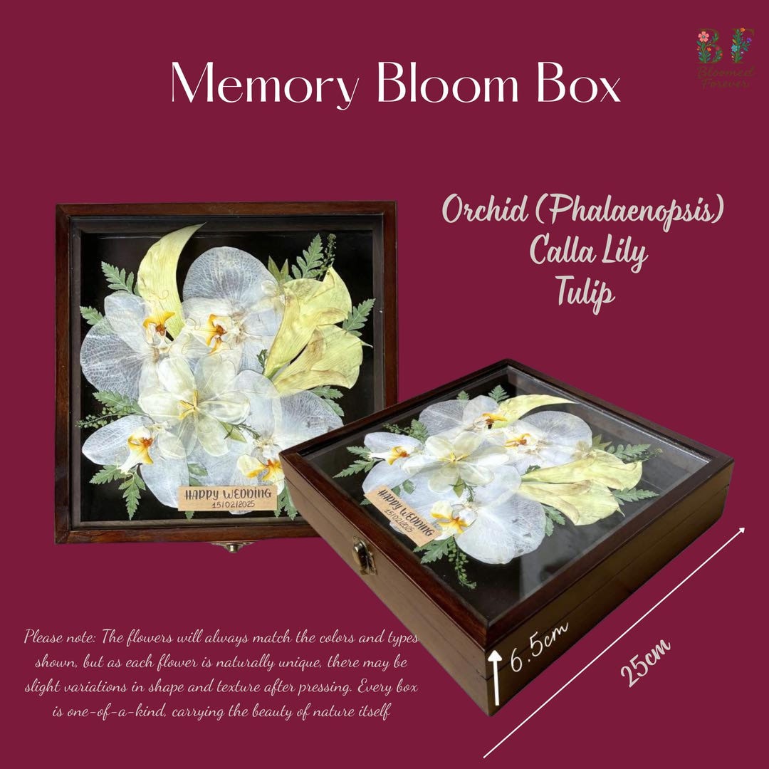 Memory Bloom Box – Pressed Orchid (phalaenopsis), Calla Lily & Tulip ...
