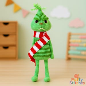 Christmas Grinch with Scarf Crochet Pattern PDF, Cute Holiday Plush Tutorial, Digital Download DIY Gift for Festive Décor or Grinch Lovers