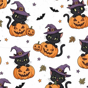 Pode incluir: Um padrão repetitivo com gatos pretos usando chapéus de bruxa roxos, empoleirados em abóboras laranja esculpidas. O design inclui morcegos, estrelas e folhas, criando um tema festivo de Halloween. O fundo é branco com manchas sutis.