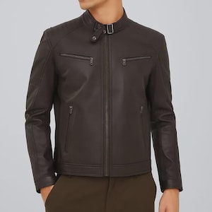 Men’s Brown Leather Cafe Racer Jacket | Real Sheep Leather Biker Jacket | Slim Fit Moto Jacket for Men | Handmade Outerwear