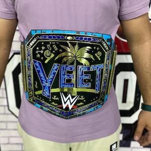 Custom YEET WWE Style Championship Replica Belt – Blue & Gold Design – Wrestling Fan Gift – Display or Cosplay