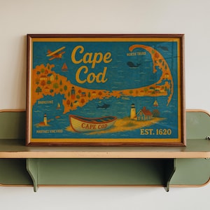 Cape Cod Map Vintage Reiseplakat: Küstennautische Wand-Kunst-Illustration