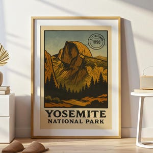 Yosemite Wall Art Print Half Dome Vintage Mountain Poster California National Park Decor for Nature Lovers and Rustic Guest Spaces